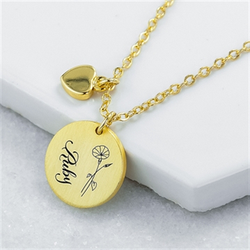 Personalised Birth Flower Brushed Heart and Disc Necklaces