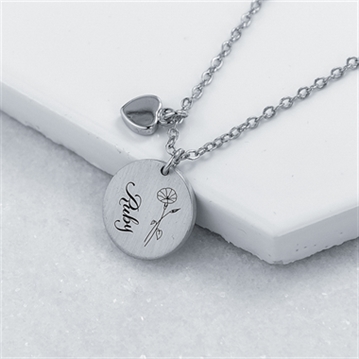 Personalised Birth Flower Brushed Heart and Disc Necklaces