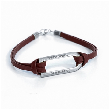 Personalised Men's Shoreditch Silver Bar Brown Leather Bracelet