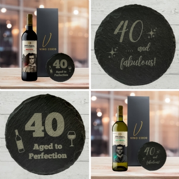 19 Crimes Red Wine & Sauvignon Blanc Gift Sets with 40th Birthday Slate Coaster