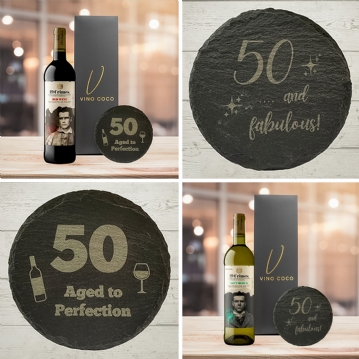 19 Crimes Red Wine & Sauvignon Blanc Gift Sets with 50th Birthday Slate Coaster