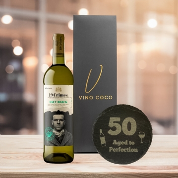 19 Crimes Red Wine & Sauvignon Blanc Gift Sets with 50th Birthday Slate Coaster
