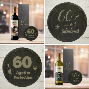 19 Crimes Red Wine & Sauvignon Blanc Gift Sets with 60th Birthday Slate Coaster