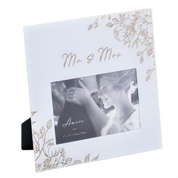 Mr & Mrs Grey Glass Gold Floral Frame - 4" x 6"