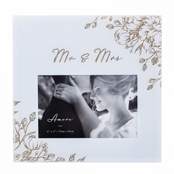 Mr & Mrs Grey Glass Gold Floral Frame - 4" x 6"