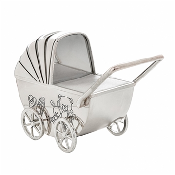 Silver Plated Pram Money Box Pram with Moving Wheels