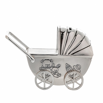 Silver Plated Pram Money Box Pram with Moving Wheels