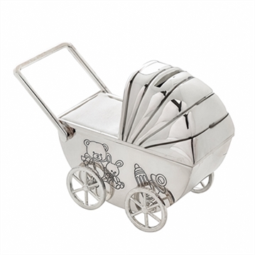 Silver Plated Pram Money Box Pram with Moving Wheels