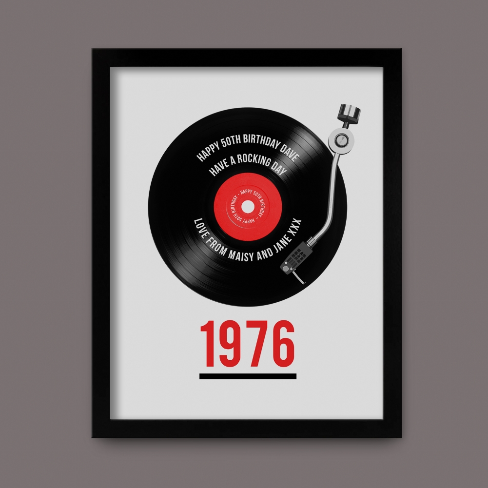 Fmad Pmc Men's Black Personalised 50Th Birthday Retro Record Framed Print ( Frame)