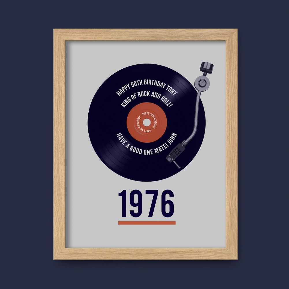Fmad Pmc Men's Red/Black/Orange Personalised 50Th Birthday Retro Record Framed Print (Oak Frame)