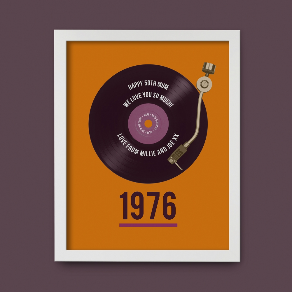 Fmad Pmc Men's White Personalised 50Th Birthday Retro Record Framed Print ( Frame)