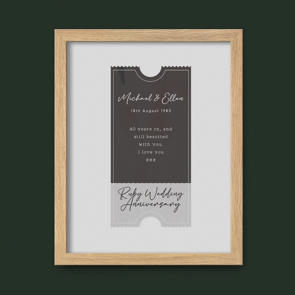 Fmad Pmc Dark/Grey/Light Personalised Ticket To Our Future Anniversary Print (Oak Frame)