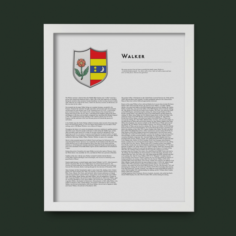 Fmad Pmc White Modern Personalised Surname History And Coat Of Arms Prints ( Frame)