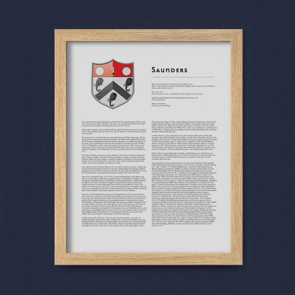 Fmad Pmc Modern Personalised Surname History And Coat Of Arms Prints (Oak Frame)
