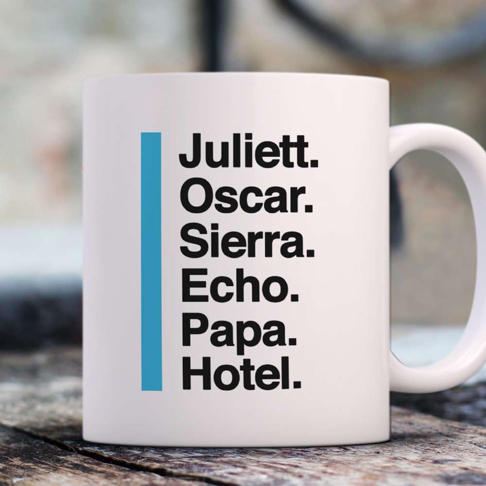 Fmad Pmc Black/Blue/Grey Personalised Phonetic Alphabet Name/Phrase Mug