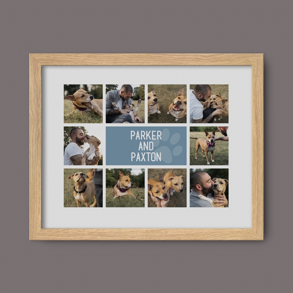 Fmad Pmc Red/Blue/Grey Personalised Dog Photo Collage Print (Oak Frame)