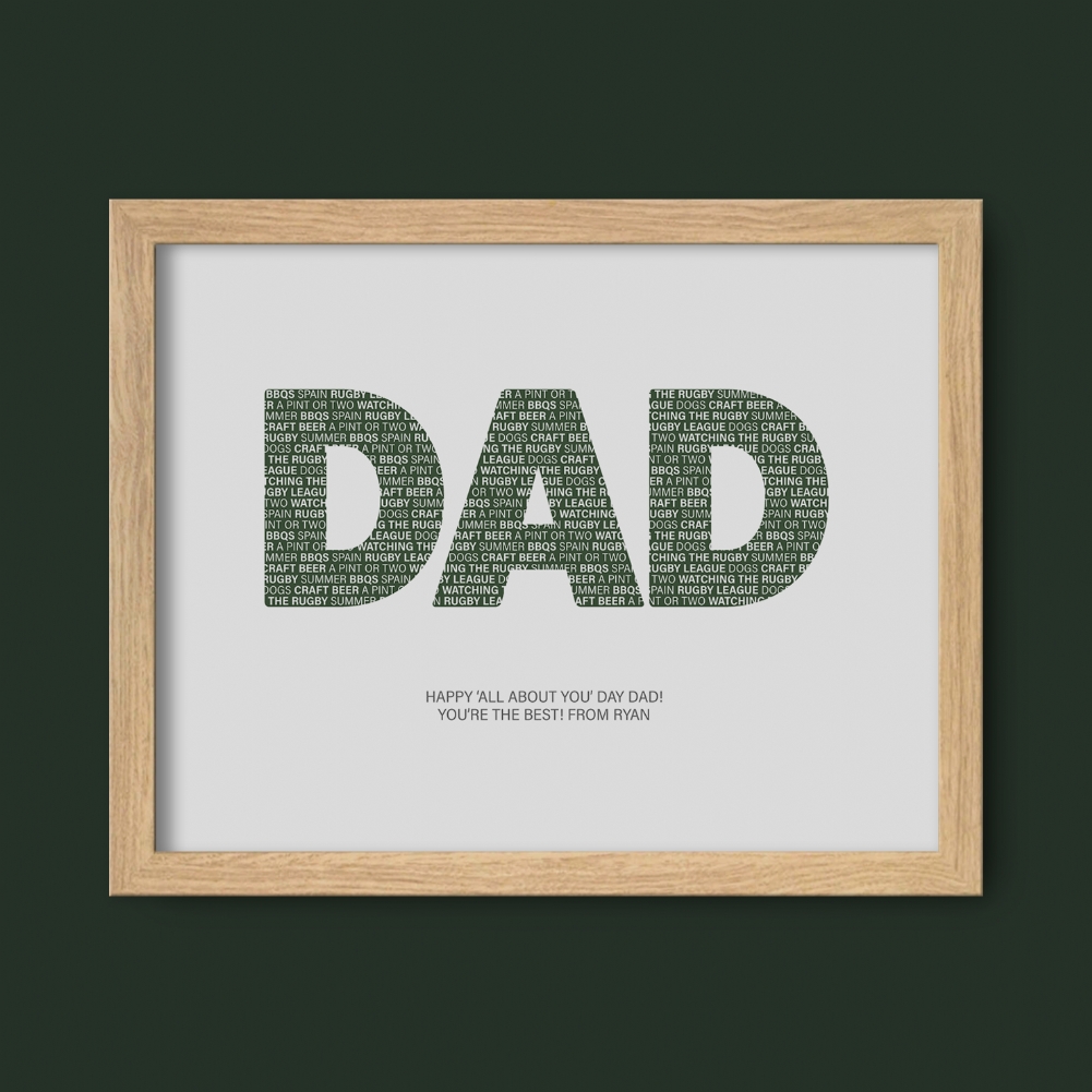 Fmad Pmc White/Blue/Grey Personalised Things Dad Loves Print (Oak Frame)