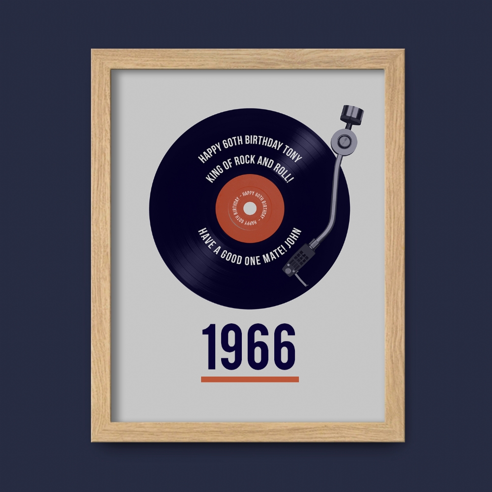 Fmad Pmc Blue/Grey/Cream Personalised 60Th Birthday Retro Record Print (Oak Frame)