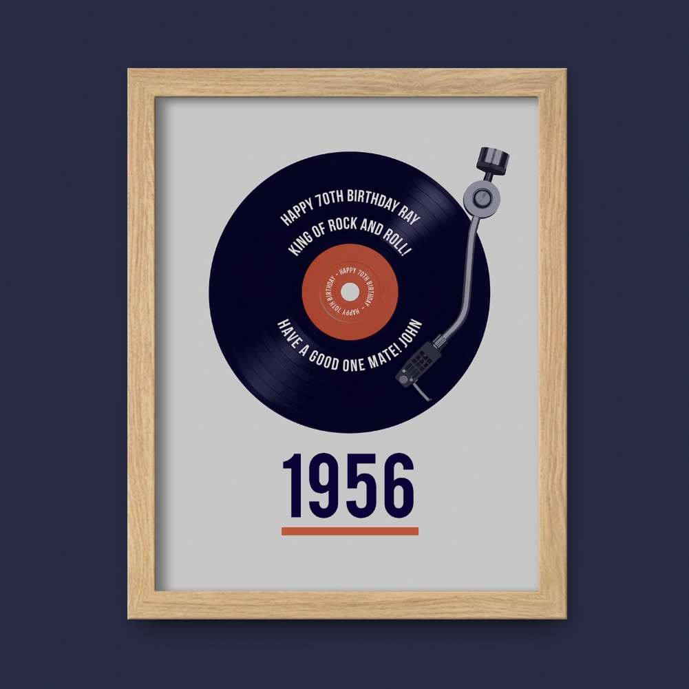 Fmad Pmc Golden Personalised 70Th Birthday Retro Record Print (Oak Frame)