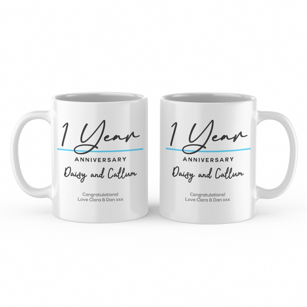 Fmad Pmc Blue/Red/Green Pair Of Personalised Classy 1St Anniversary Mugs