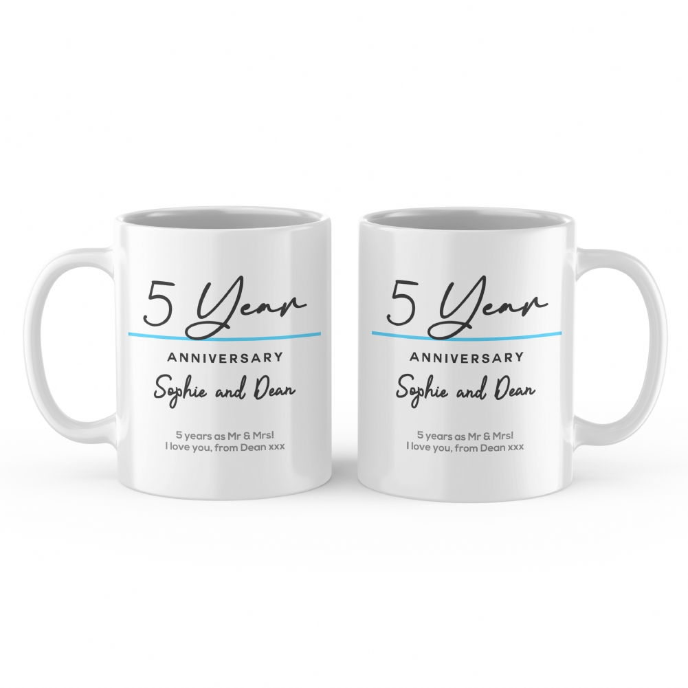 Fmad Pmc Blue/Red/Green Pair Of Personalised Classy 5Th Anniversary Mugs