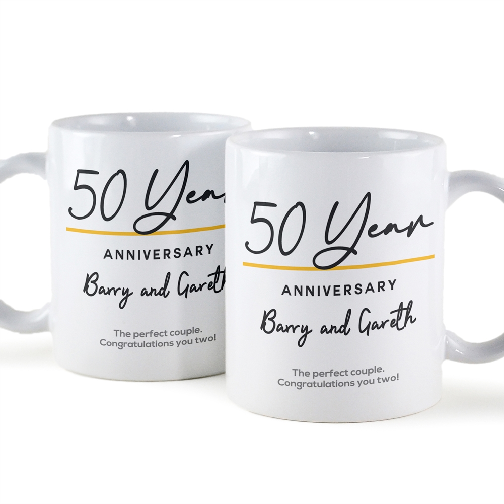 Fmad Pmc Golden/White/Yellow Pair Of Personalised Classy 50Th Anniversary Year Mugs