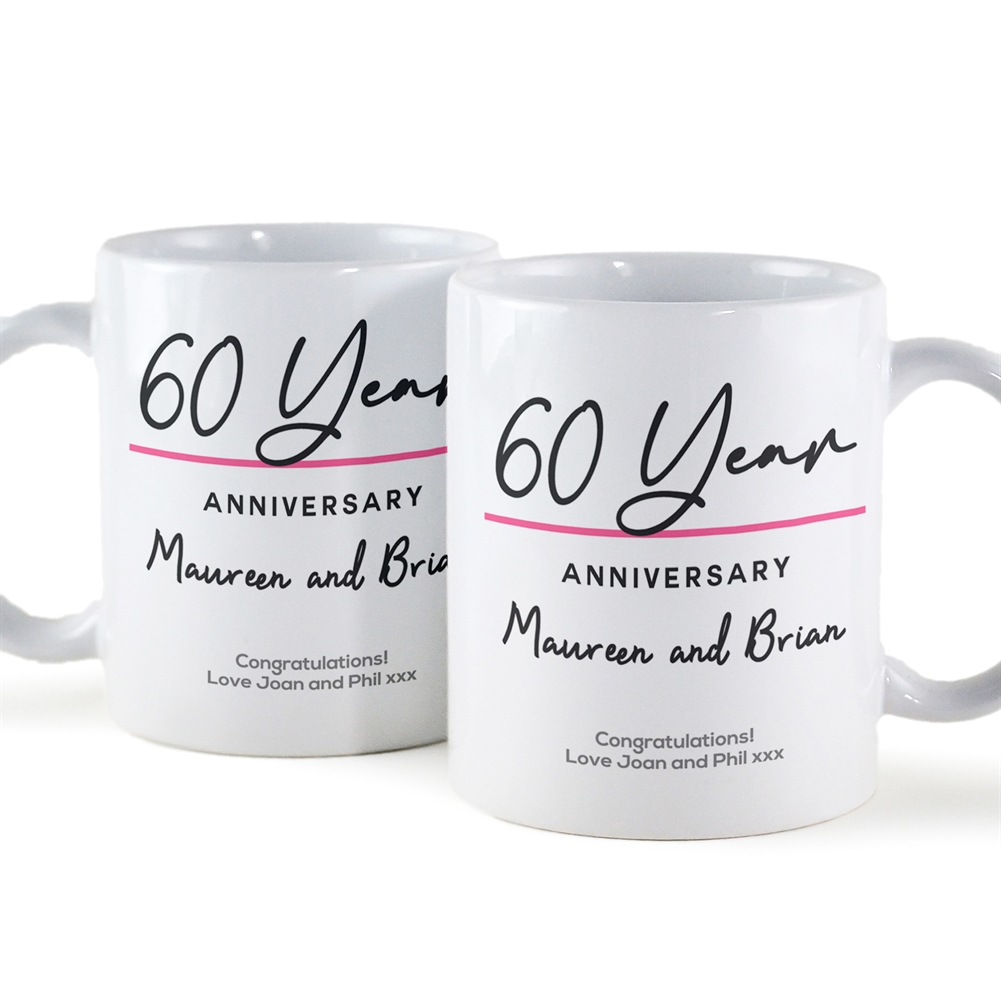 Fmad Pmc White/Grey/Pink Pair Of Personalised Classy 60Th Anniversary Year Mugs
