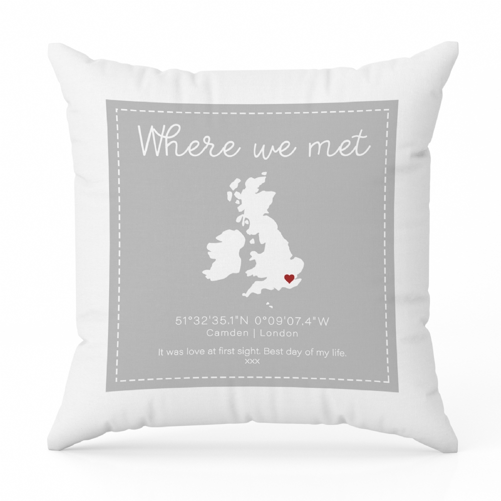 Fmad Pmc Green/Pink/Grey Where We Met Personalised Cushion