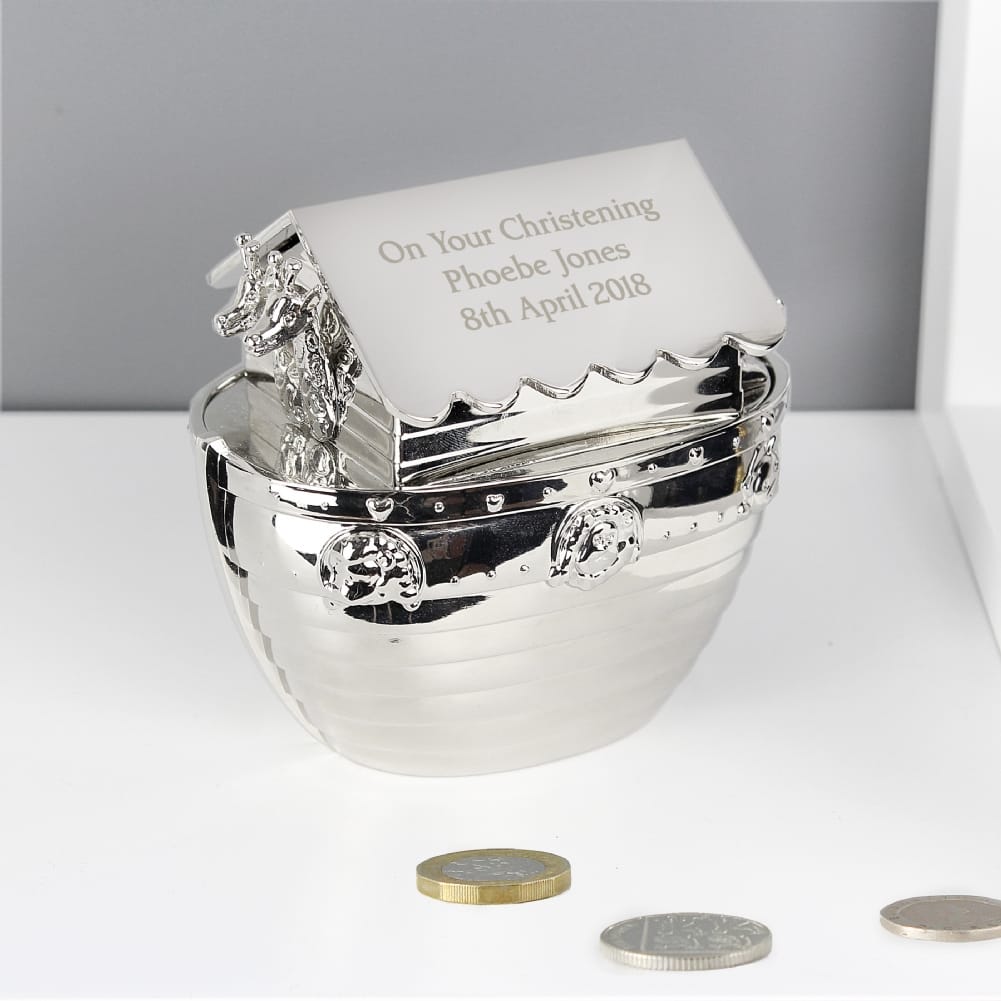 Personalised Memento Co Girls Silver Personalised Noah's Ark Money Box