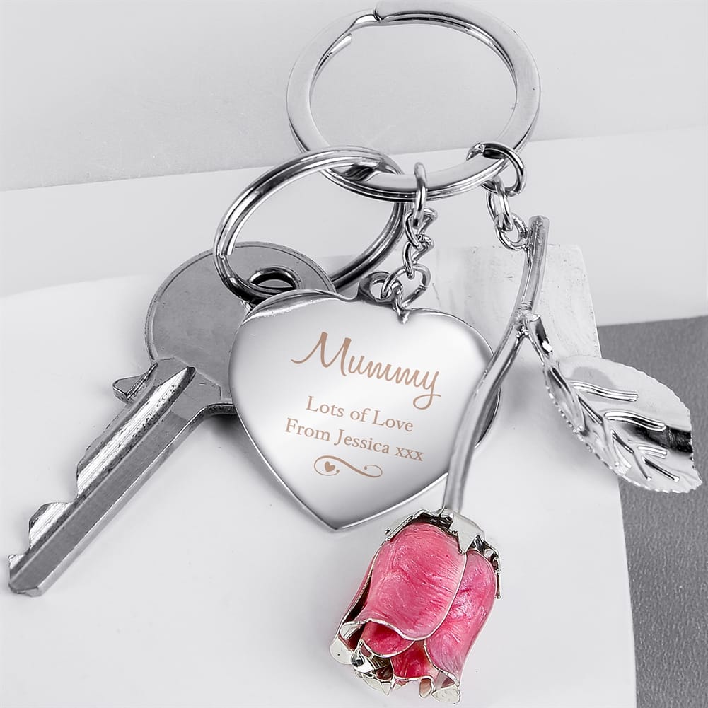 Personalised Memento Co Silver/Pink Personalised Plated Swirls & Hearts Rose Keyring