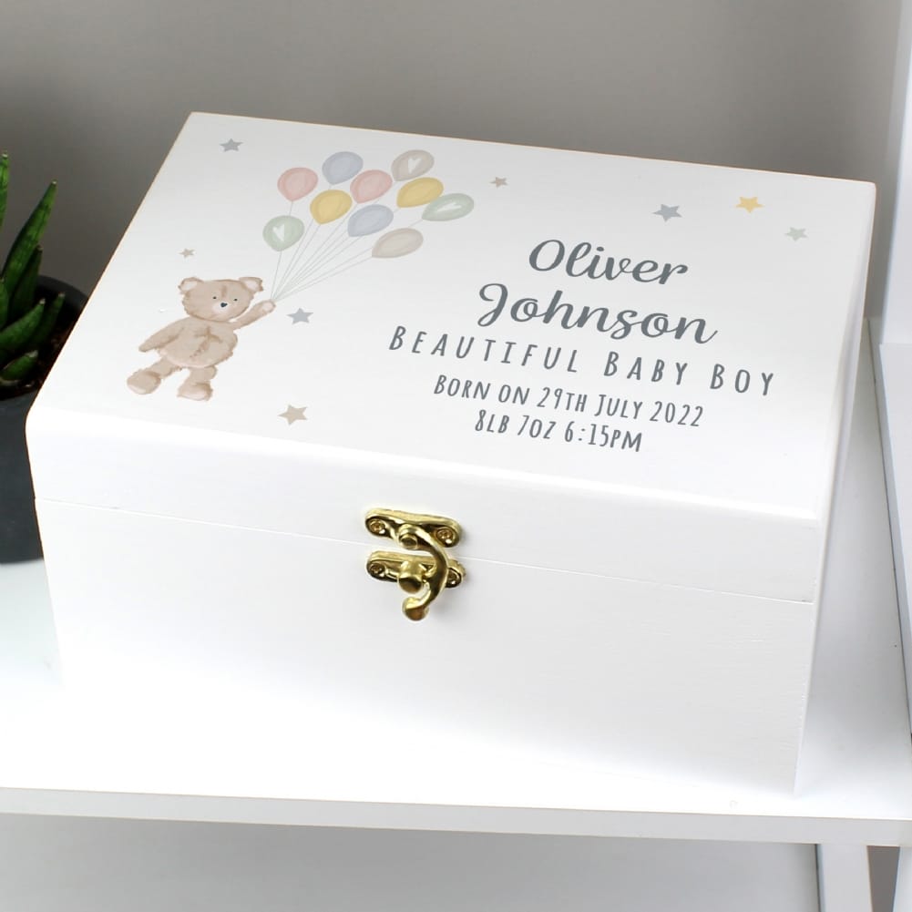 Personalised Memento Co White Personalised Teddy & Balloons Wooden Keepsake Box