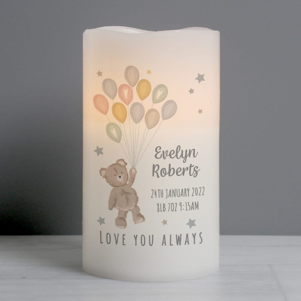 Personalised Memento Co Brown Personalised Teddy & Balloons Nightlight Led Candle