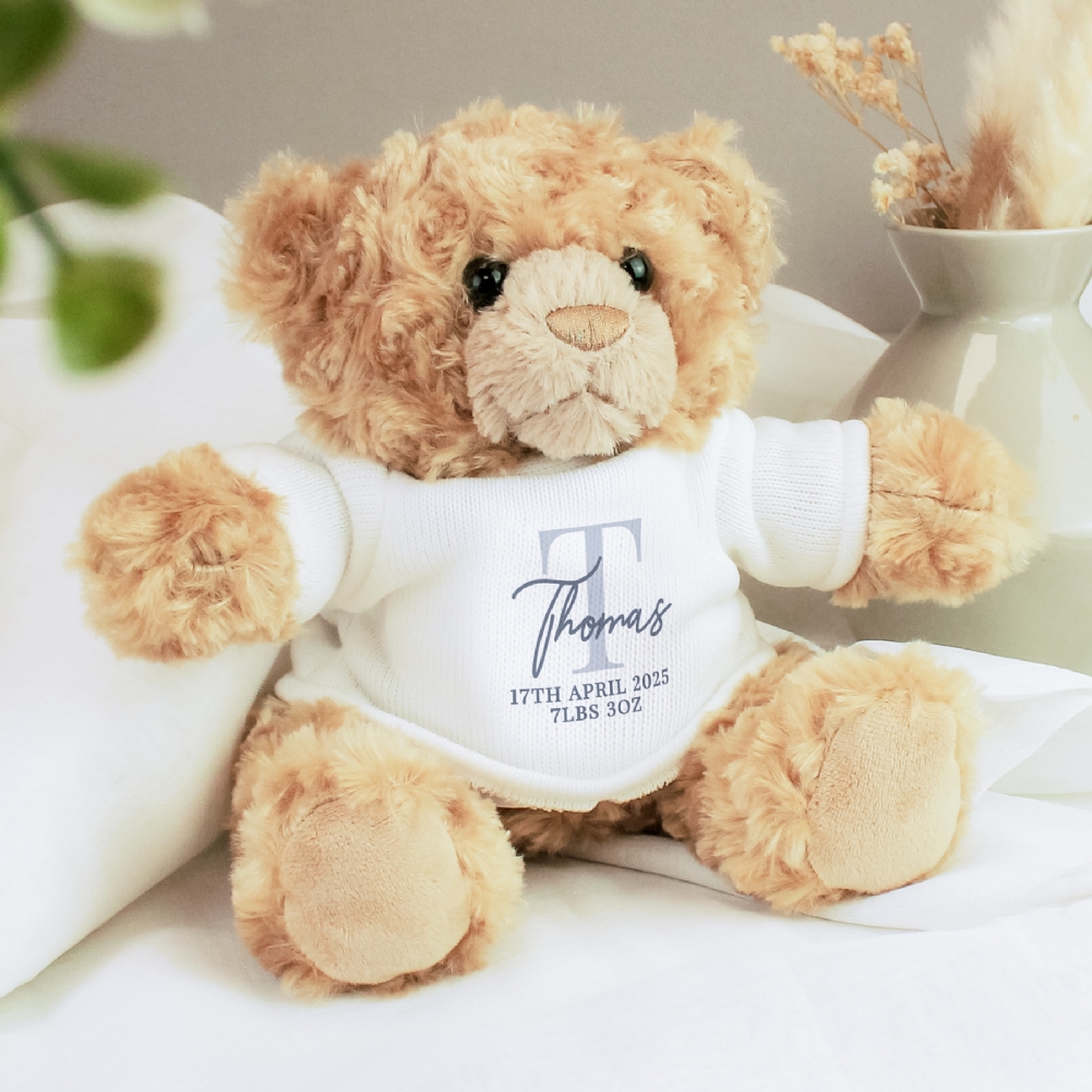 Personalised Memento Co Brown/White/Grey Personalised Initial Teddy Bear
