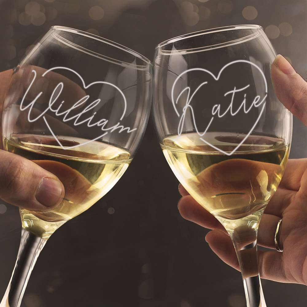 Personalised Memento Co Personalised Names In Hearts Wine Glass Set For Couples