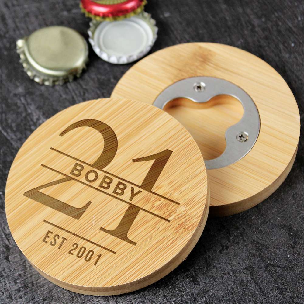 Personalised Memento Co Personalised Big Age Bamboo Bottle Opener Coaster
