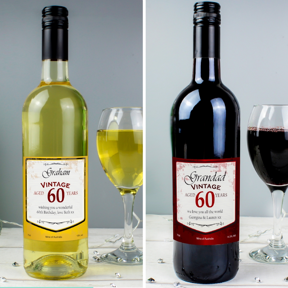 Personalised Memento Co White/Red Personalised Wine With Vintage 60Th Label
