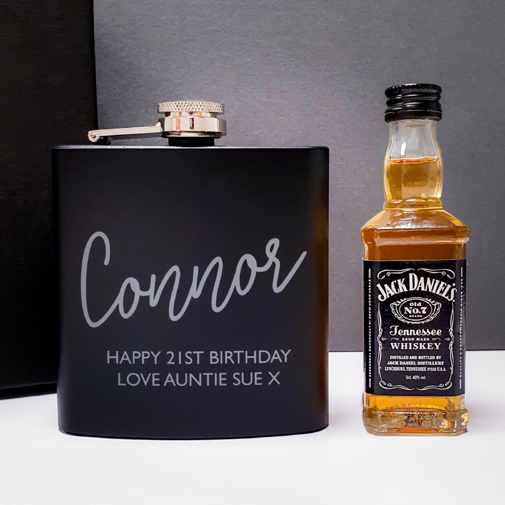 Personalised Memento Co Black/Grey Personalised Hipflask And Whiskey Miniature Set