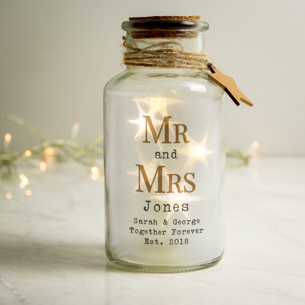 Personalised Memento Co Golden Personalised Mr & Mrs Led Glass Jar