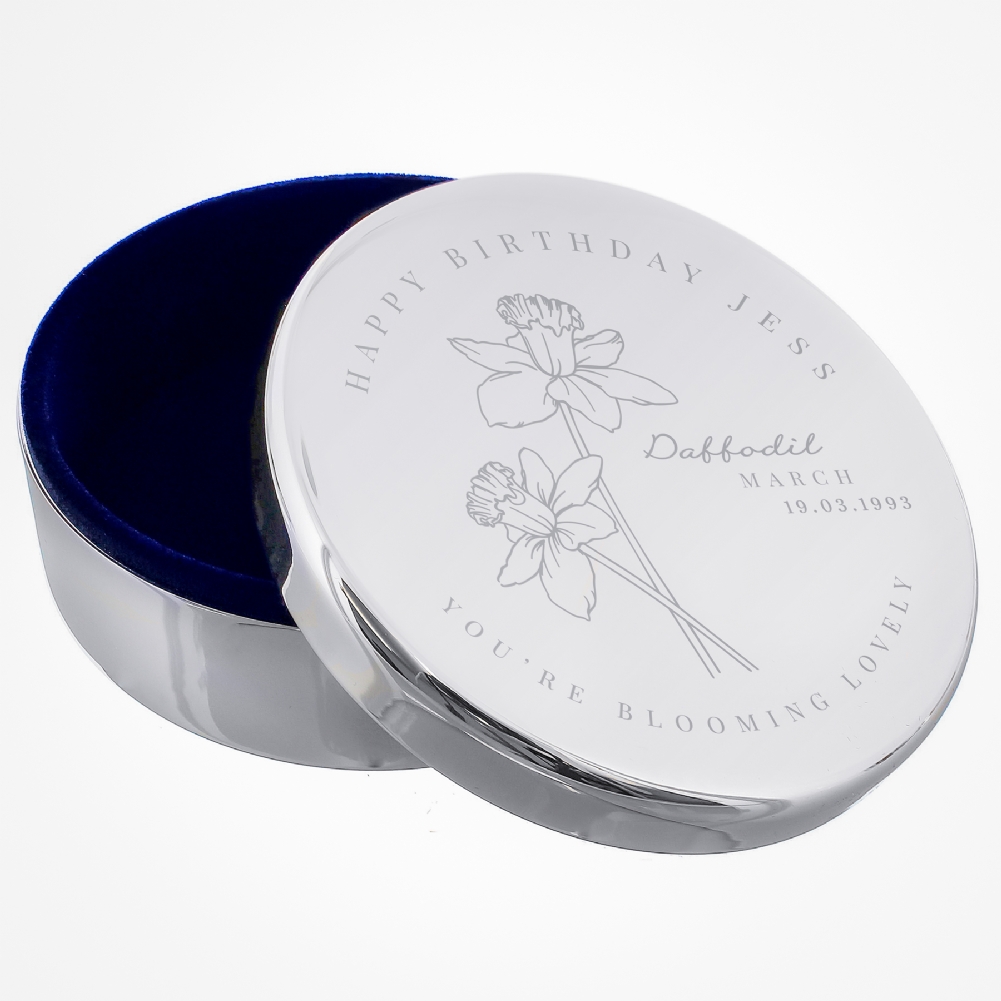 Personalised Memento Co Dark/Blue Personalised Birth Flower Round Trinket Boxes