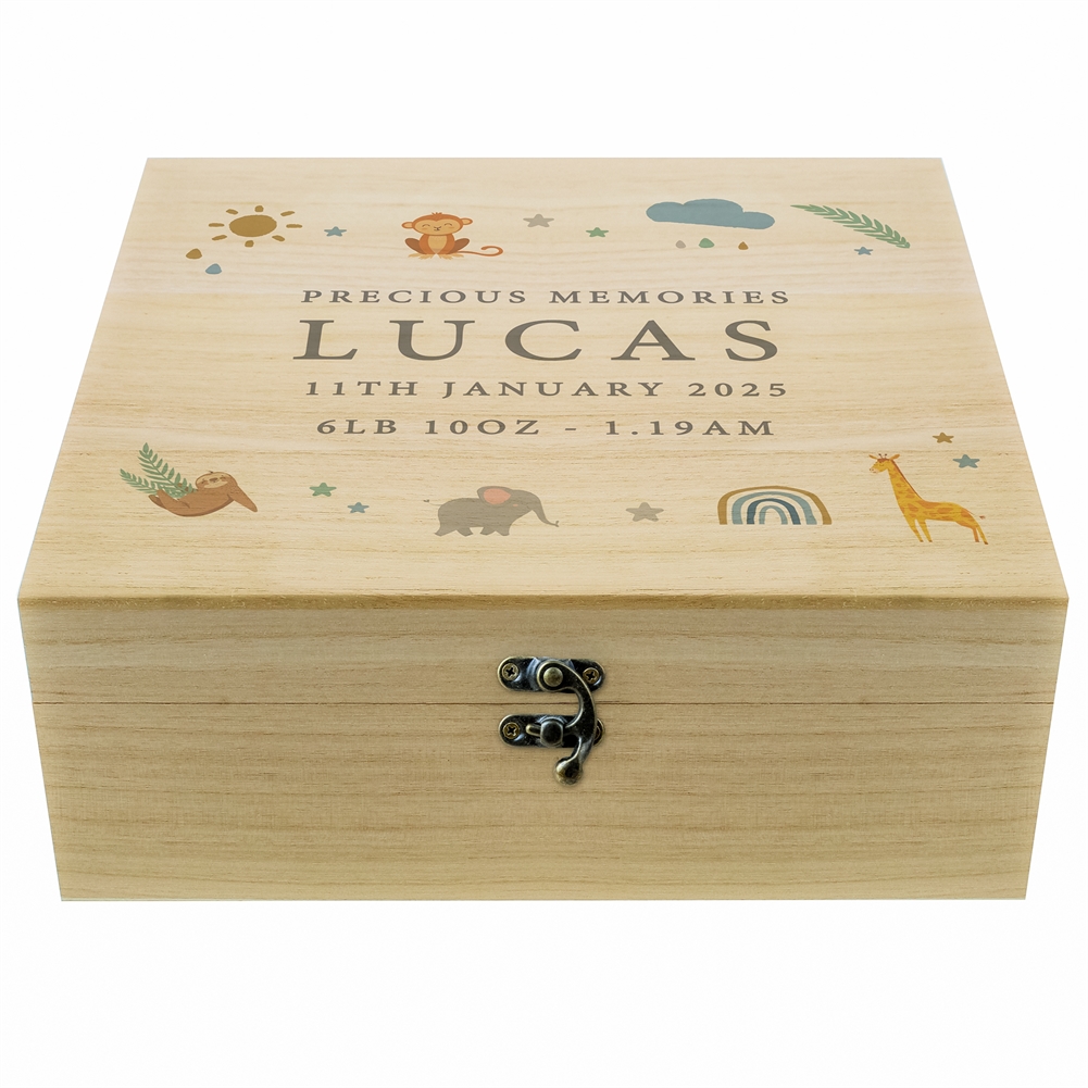 Personalised Memento Co Personalised Safari Animals Large Wooden Keepsake Box