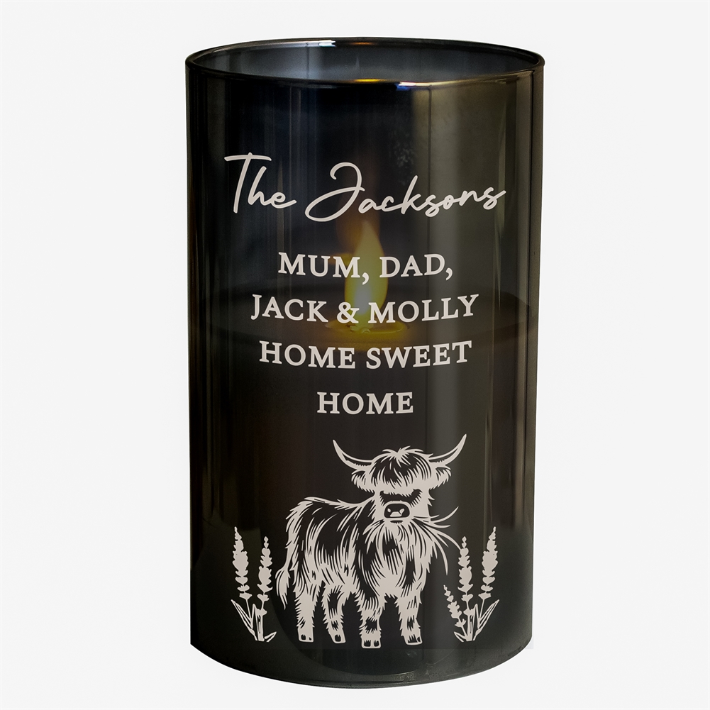 Personalised Memento Co Light/Amber Personalised Highland Cow Glass Led Candle