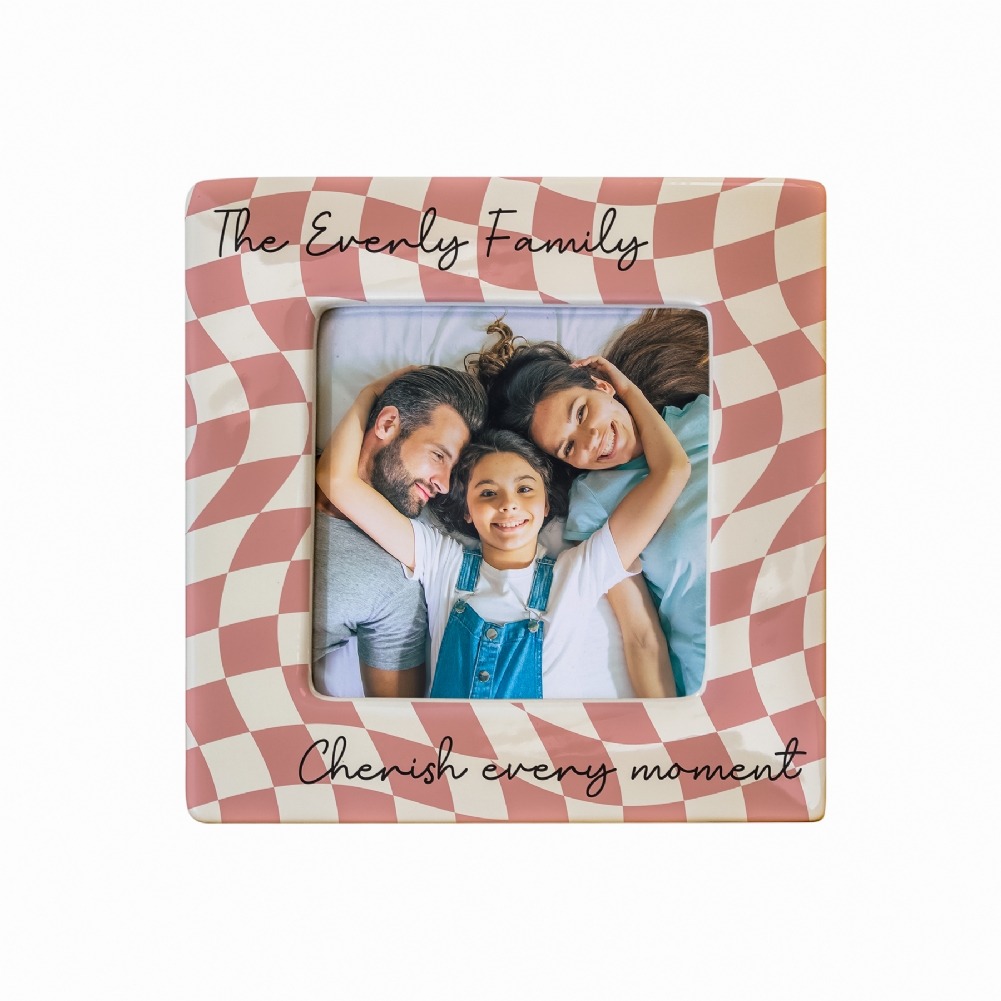 Personalised Memento Co Pink Personalised Checkerboard Ceramic 4X4 Photo Frame