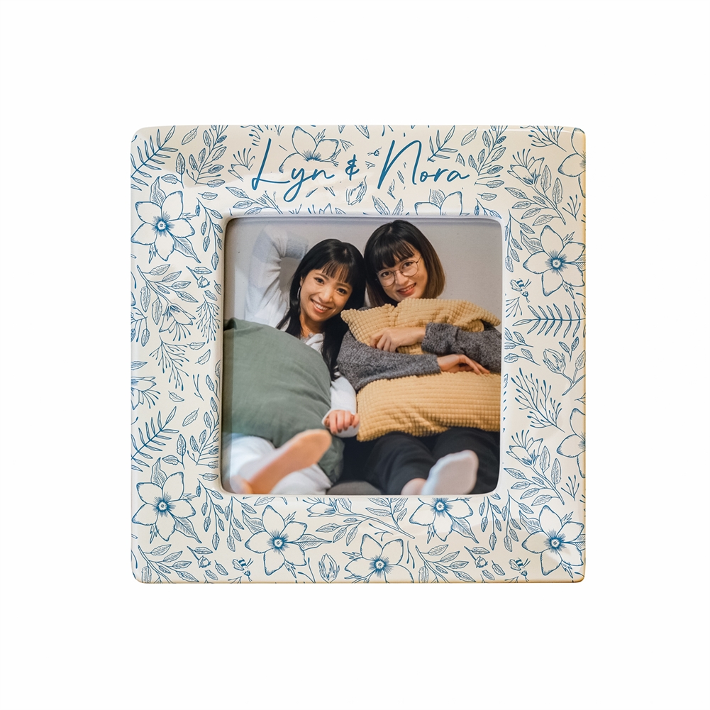 Personalised Memento Co Blue Personalised Floral Ceramic 4X4 Photo Frame