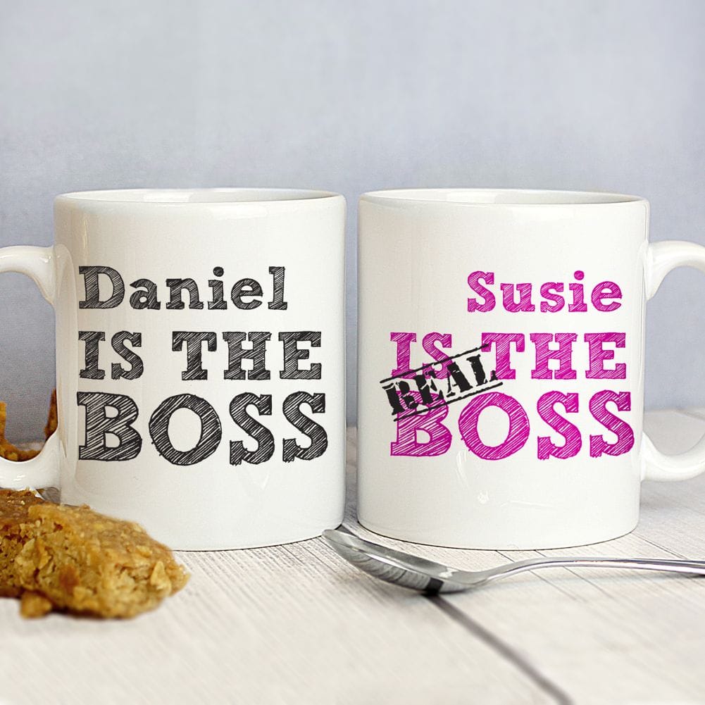 Personalised Memento Co White/Black/Pink The Real Boss Personalised Mug Gift Set