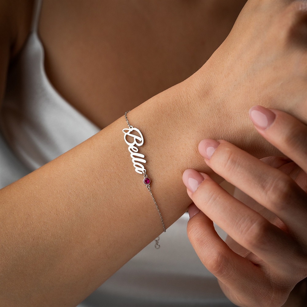 Potiega Women's Silver/Gold/Light Personalised Name Bracelet With Birthstone