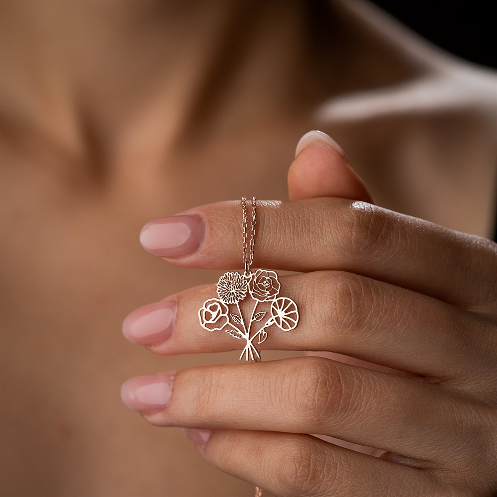 Potiega Silver/Gold Personalised Birth Flower Bouquet Necklace