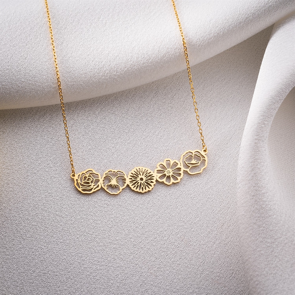 Potiega Silver/Gold Personalised Birth Flower Family Link Necklace