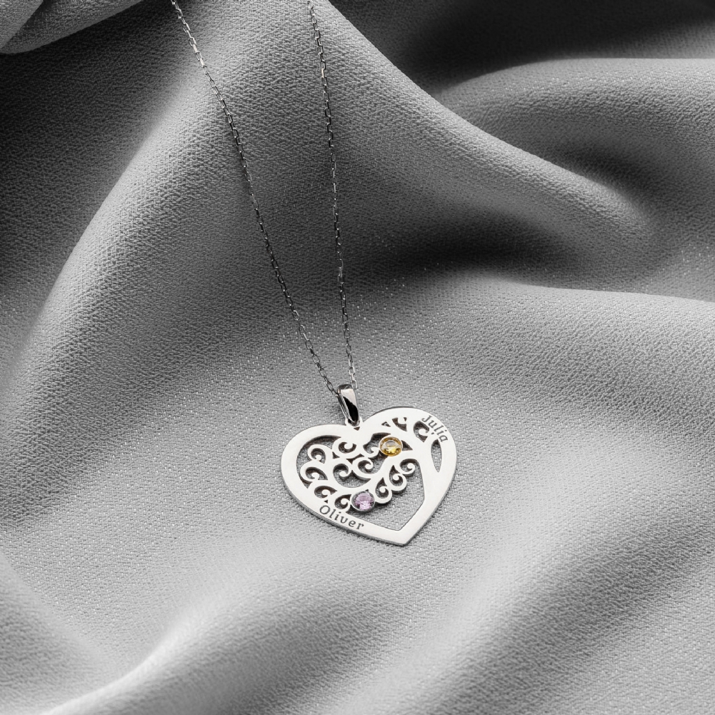Potiega Silver/Gold Personalised Heart Shaped Family Tree Necklace With Birthstone (Two Names)