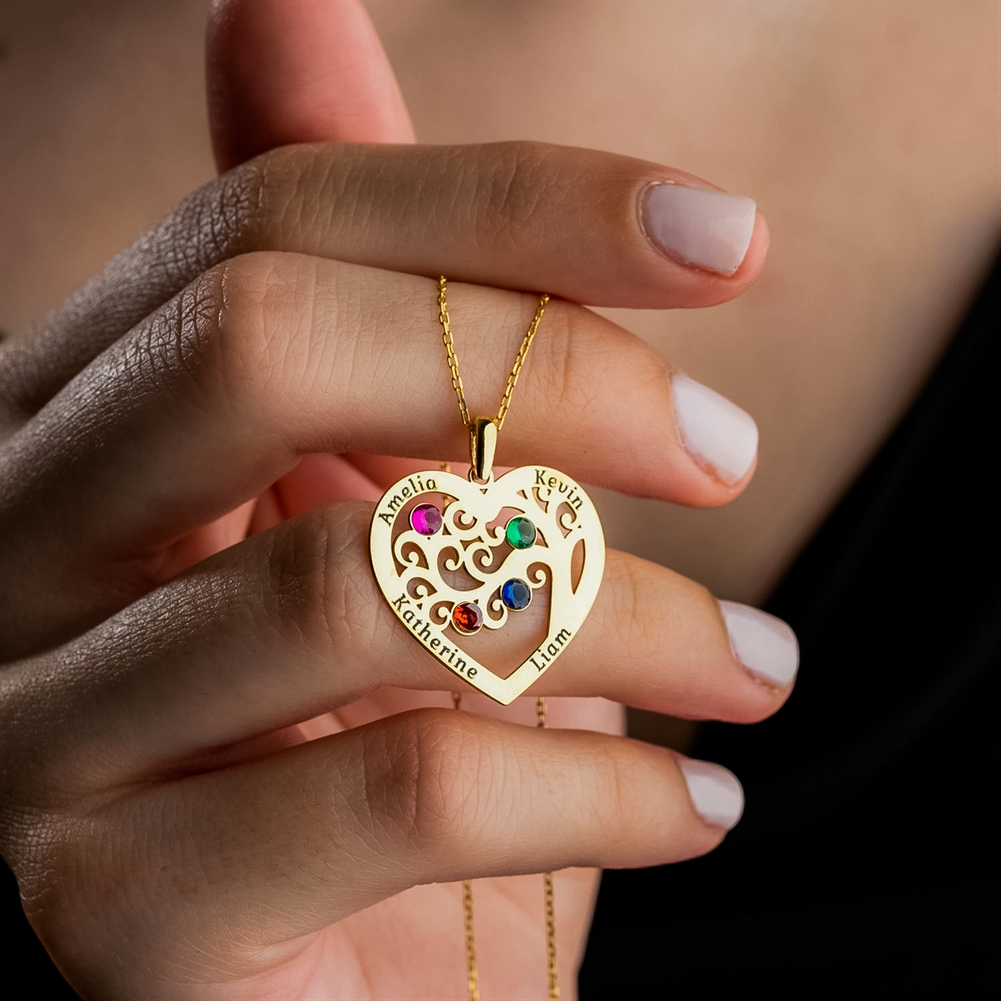Potiega Silver/Gold Personalised Heart Shaped Family Tree Necklace With Birthstone (Four Names)