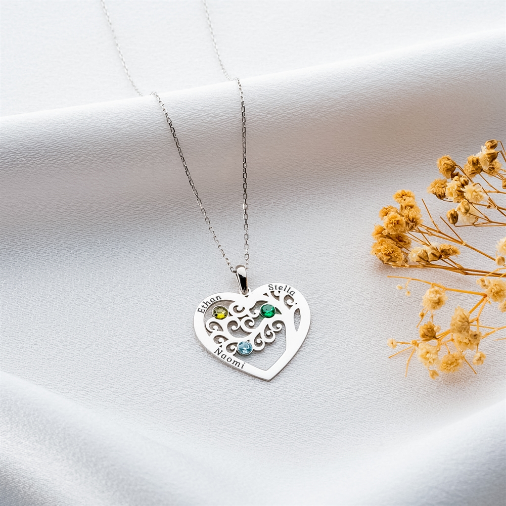 Potiega Silver/Gold Personalised Heart Shaped Family Tree Necklace With Birthstone (Three Names)